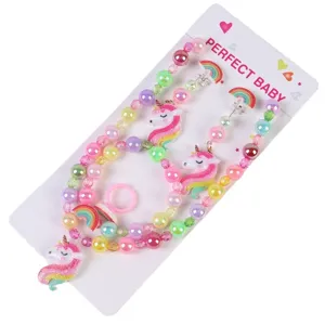 Children unicorn beaded necklace bracelet set cute cartoon kids jewelry gift main image