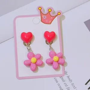 Kids clip-on earrings sweet pink flower heart design non-pierced cute little girls jewelry