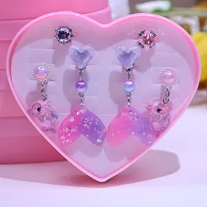 Children clip on earrings set cute cartoon mermaid tail dolphin heart rings for little girls