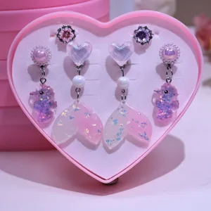 Cute kids clip-on earrings set unpierced mermaid tail heart rings sweet gift for little girls