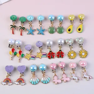 Cute children clip-on earrings set alloy unicorn rainbow seashell cute girl jewelry gifts