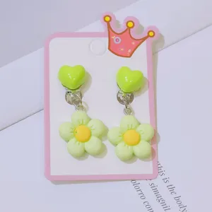 Kids cute green heart flower clip-on earrings sweet non-pierced jewelry for little girls