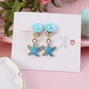 Cute kids blue starfish clip-on earrings non-pierced alloy ear clips lovely jewelry gift