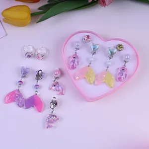 Children's clip-on earrings set cute cartoon mermaid tail earrings rings little girls jewelry