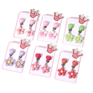 Children clip on earrings sweet heart flower cute kids jewelry gift multi color set