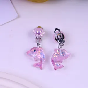 Cute pink glitter dolphin clip-on earrings for kids, sweet resin non-pierced jewelry.