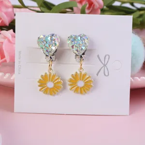 Kids clip-on earrings cute heart rhinestone yellow daisy flower dangle jewelry gift detail view