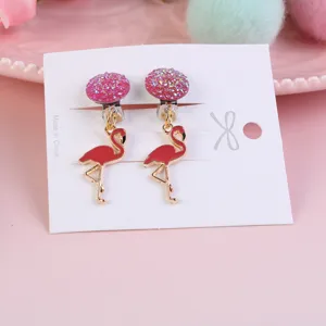 Cute flamingo clip-on earrings for kids, sparkly pink glitter design, sweet girl jewelry detail