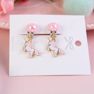 Children cute alloy unicorn clip-on earrings detail showcase, lovely pink jewelry gift for girls.