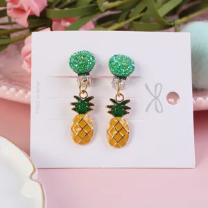 Cute pineapple clip-on earrings detail, perfect for kids without pierced ears, sweet gift.