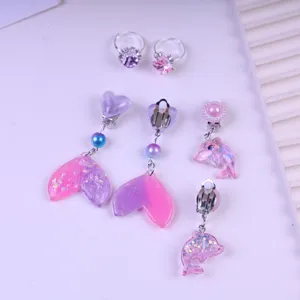 Children clip-on earrings ring set cute mermaid dolphin jewelry gift for little girls