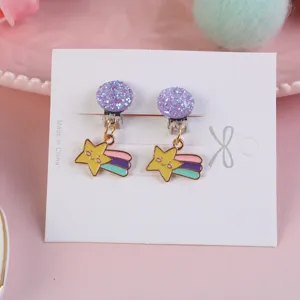 Kids cute alloy clip-on earrings rainbow shooting star glitter purple sweet gift for girls