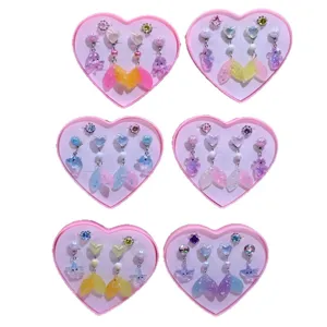 Kids clip-on earrings set cute cartoon mermaid tail earrings rings children gift boxes