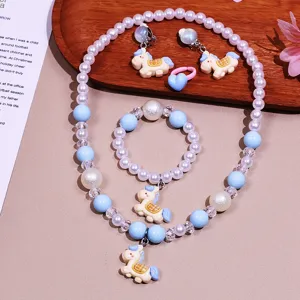 Kids unicorn necklace bracelet set, cute cartoon jewelry accessory for girls, gift box.