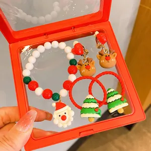 Kids Christmas jewelry set featuring cute Santa reindeer and tree charms, perfect holiday gift.