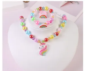 Children jewelry set unicorn necklace bracelet rainbow ring cute little girls gift accessories