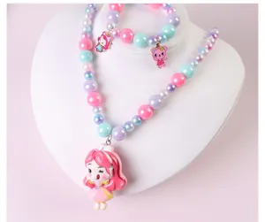 Kids jewelry set gradient beaded necklace and bracelet with cute cartoon girl pendant gift.