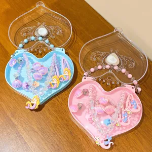 Kids heart storage box crystal necklace bracelet ring hair clip cute mermaid jewelry set.