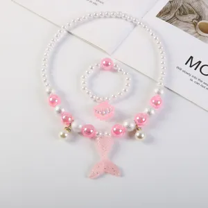 Kids mermaid necklace bracelet set with pearls pink beads and cute tail pendant for girls party.