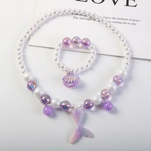 Kids pearl mermaid necklace bracelet set cute purple shell jewelry gift for girls