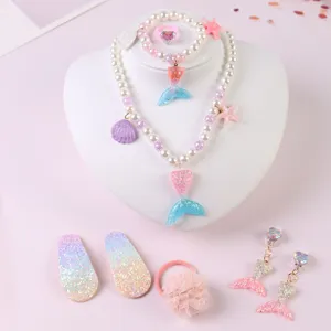 Kids Jewelry Set Cartoon Unicorn Mermaid Necklace Bracelet Ring Gift Box Children Cute Fashion Accessories
