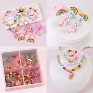 Kids jewelry set unicorn rainbow necklace bracelet ring earrings gift box for girls birthday