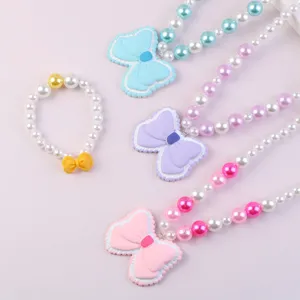 Children resin bow pearl beaded necklace bracelet set little girls cute princess jewelry accessories