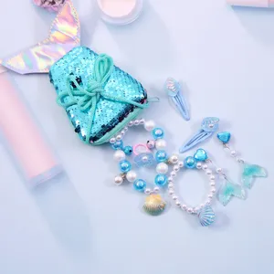 Kids Mermaid Princess Necklace Bracelet Ring Hair Clip Gift Box Set Girls Party Performance Jewelry Accessories