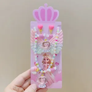 Kids cute princess necklace set resin cartoon angel wings pearl choker jewelry gift for girls