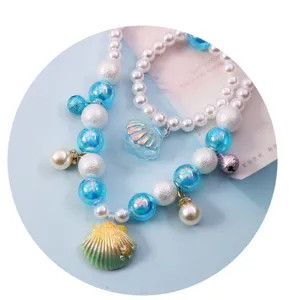 Mermaid children necklace bracelet set cute pearl shell jewelry for little girls party gift.