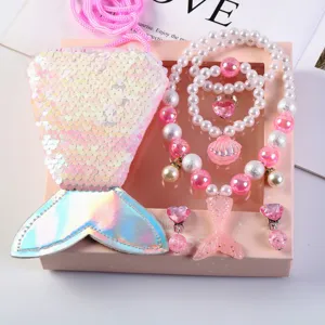 Children mermaid sequin bag pearl necklace bracelet ring earrings jewelry gift box set for girls