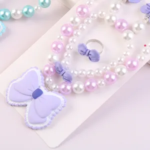 Kids cute resin bow pearl necklace bracelet set, lovely princess jewelry gift for girls.