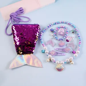 Kids mermaid sequin cross-body bag seashell pearl necklace bracelet jewelry set for girls