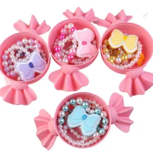 Children pearl necklace bracelet jewelry set with cute resin bow and candy storage boxes.