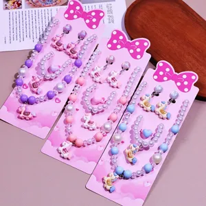 Kids jewelry set with cute cartoon pony pendant necklace bracelet and earrings for girls.