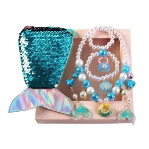 Kids mermaid necklace set princess jewelry gift box with sparkling sequin bag and pearl beads.