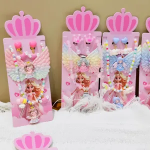Details of cute resin colorful cartoon princess necklace set for kids with fairy wings.