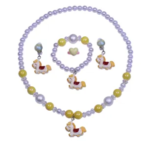 Kids cute cartoon pony necklace bracelet earrings ring jewelry set for little girls