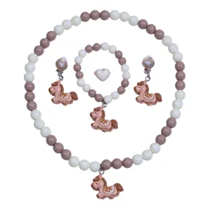 Kids jewelry set cute cartoon pony necklace bracelet clip-on earrings ring for little girls