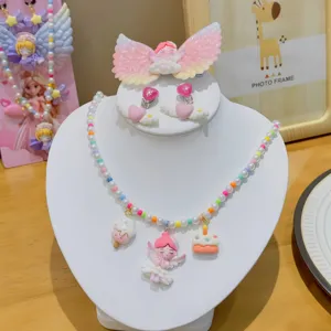 Korean style kids colorful resin cartoon princess necklace cute sweet girl jewelry set accessories