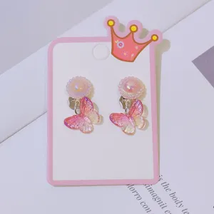 Children pink gradient butterfly clip-on earrings close-up detail display cute lovely style jewelry