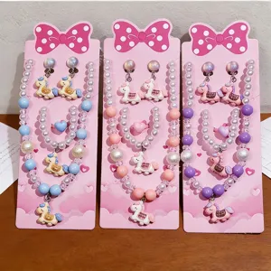 Children Girls Cartoon Pony Unicorn Necklace Bracelet Earrings Ring Jewelry Set
