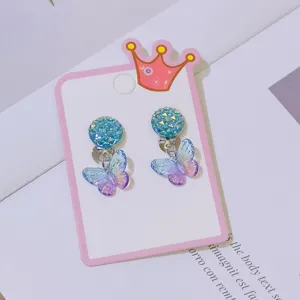 Children cute butterfly clip-on earrings set sweet sparkling blue glitter kids jewelry gift