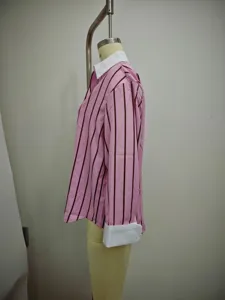 Pink striped long sleeve shirt with white contrast collar and cuffs casual top for women