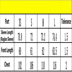 Size chart for women long sleeve blouse, detailing bust, sleeve and garment length data.