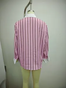 Women's pink striped lapel long sleeve casual shirt rear detail view, loose fit top.