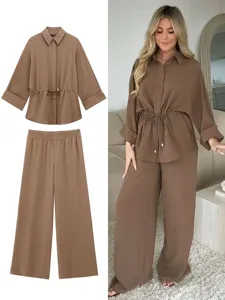 Women's Casual Satin Long Sleeve Lapel Shirt And Wide Leg Pants Two Piece Set Loose Solid Color Draping Outfit