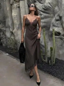 Dark brown satin slip dress with delicate lace trim detail, elegant style for women.