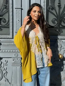 Detailed view of French style lace patchwork chiffon cardigan, long sleeve sun protection.