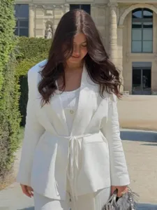 Costume blazer en mélange de lin blanc pour femme veste élégante à manches longues